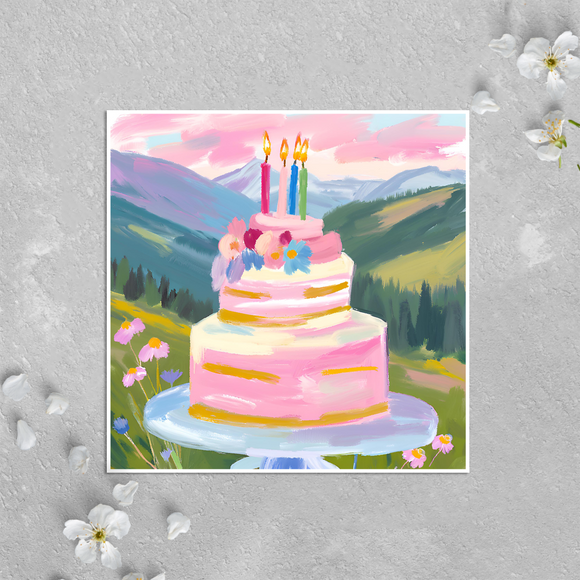 KalooMoon Art - Birthday Card: Colorful Mountain Cake with Candles & Flowers