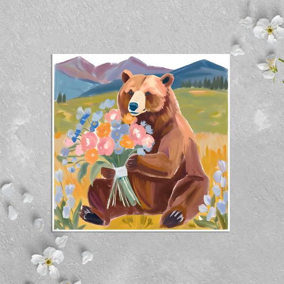 KalooMoon Art - Birthday Card: Mountain Bear & Bouquet of Wildflowers