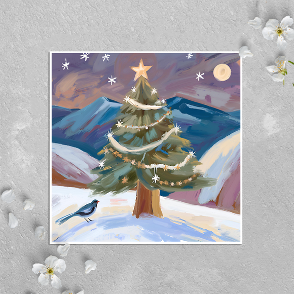 KalooMoon Art - Holiday Card: Christmas Tree and Moon Bird in the Mountains