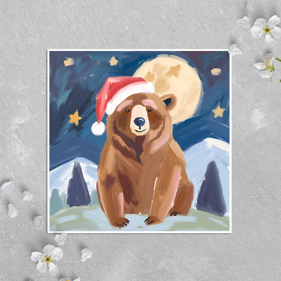 KalooMoon Art - Holiday Card: Christmas Bear with Santa Claus Hat, Mountains