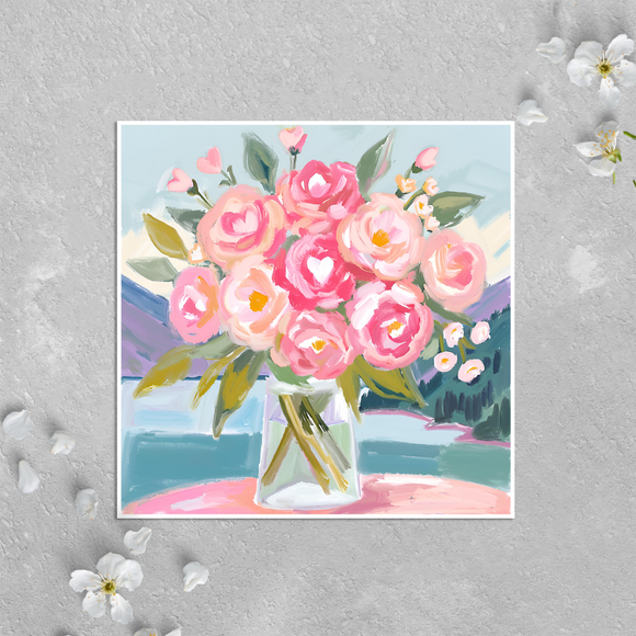 KalooMoon Art - Thank You Card: Colorful Bouquet, Pink Flowers & Hearts