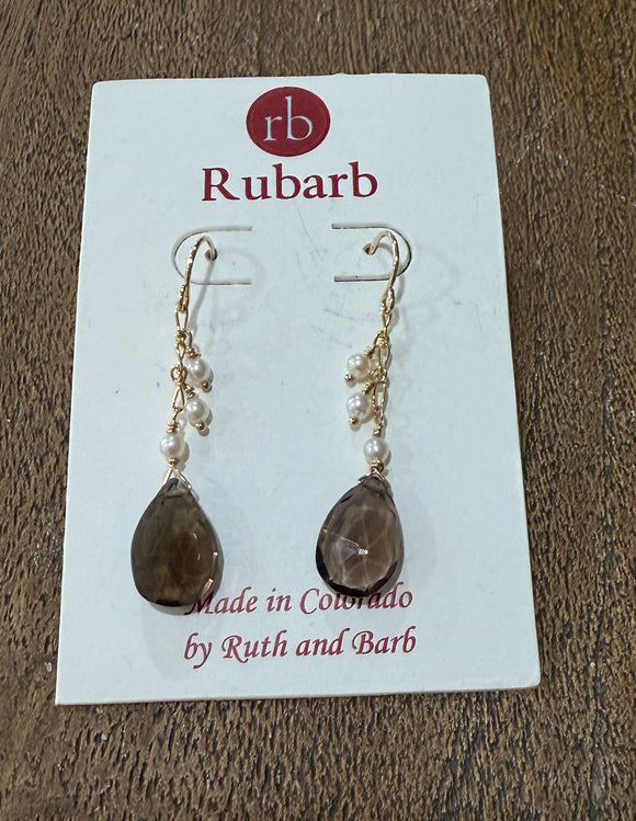 RuBarb | E8 Smokey Quartz and Pearls 14k gf earrings