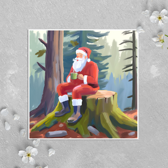 KalooMoon Art - Holiday Card: Funny Santa Claus Drinking Coffee in the Woods