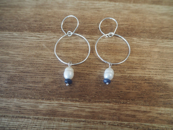 Circle with a dangling pearl and sapphire earrings| DK Originals Jewelry