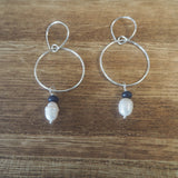 Circle Earrings, sapphire and pearl drop. Handmade earwire.