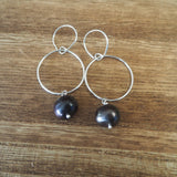 Circle Earrings, black pearl drop. Handmade earwire.